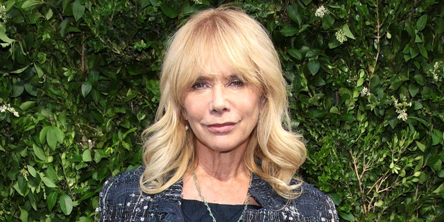 Rosanna Arquette walks red carpet wearing sparkling jacket and necklace