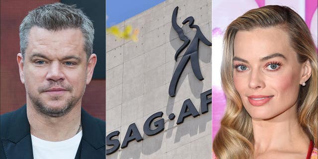 A split photo of Matt Damon, Margot Robbie at the SAG-AFTRA building