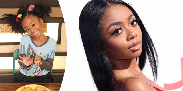 Skai Jackson with straight hair looks at the camera on the carpet inset (left) photo of her on the Disney program "Jessie"