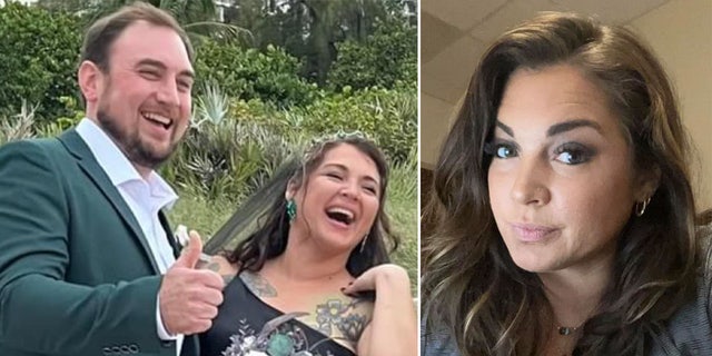 Florida couple smiles as woman holds bouquet.