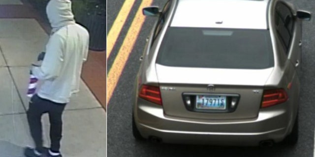 A split image shows the suspect wearing a white hoodie and his gold Acura TL with a Maryland license plate