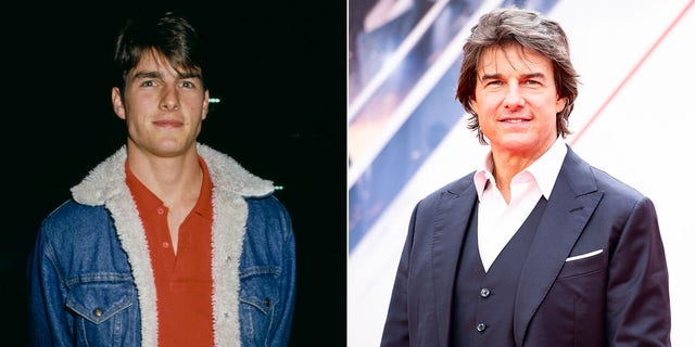 A split image of Tom Cruise in the 80s and now.