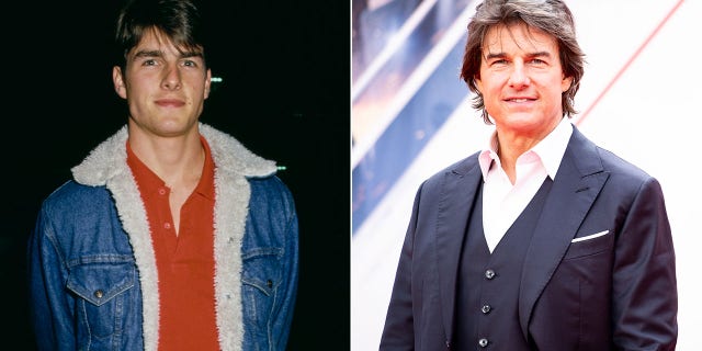 A split image of Tom Cruise in the 80s and now.