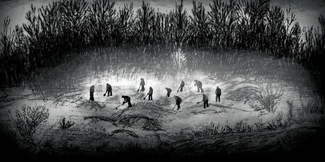 illustration of detained Ukrainian civilians digging