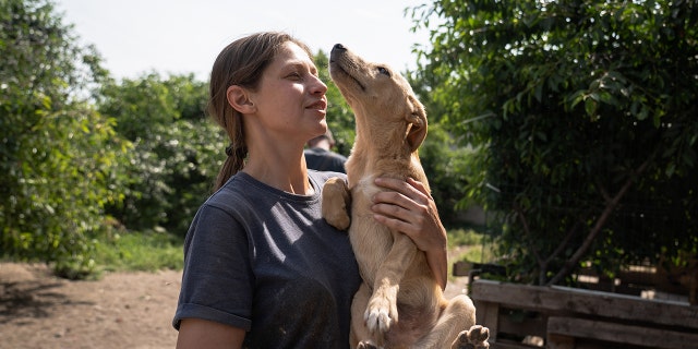 A volunteer holding a dog