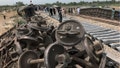 Workers repair a railway track at the site of Sundays train derailed incident, near Nawabshah, a district of Pakistans southern Sindh province, Monday, Aug. 7, 2023. Ten cars of a passenger train derailed in southern Pakistan on Sunday, killing at least 30 people and injuring more than 90 others, officials said. (AP Photo/Muhammad Osama)