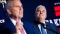 UNITED STATES - NOVEMBER 8: House Minority Leader Kevin McCarthy, R-Calif., left, and Rep. Tom Emmer, R-Minn., chairman of the National Republican Congressional Committee, address an Election Night party at The Westin Washington hotel in Washington, D.C., on Tuesday, November 8, 2022.
