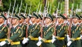 NANCHANG, CHINA - AUGUST 1, 2023 - A large number of citizens watch the national flag raising ceremony at a square in Nanchang, Jiangxi Province, China, Aug. 1, 2023. Celebrating the 96th anniversary of the founding of the People's Liberation Army.