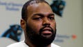 FILE - Carolina Panthers' Michael Oher speaks to the media during the first day of their NFL football offseason conditioning program in Charlotte, N.C., April 20, 2015.