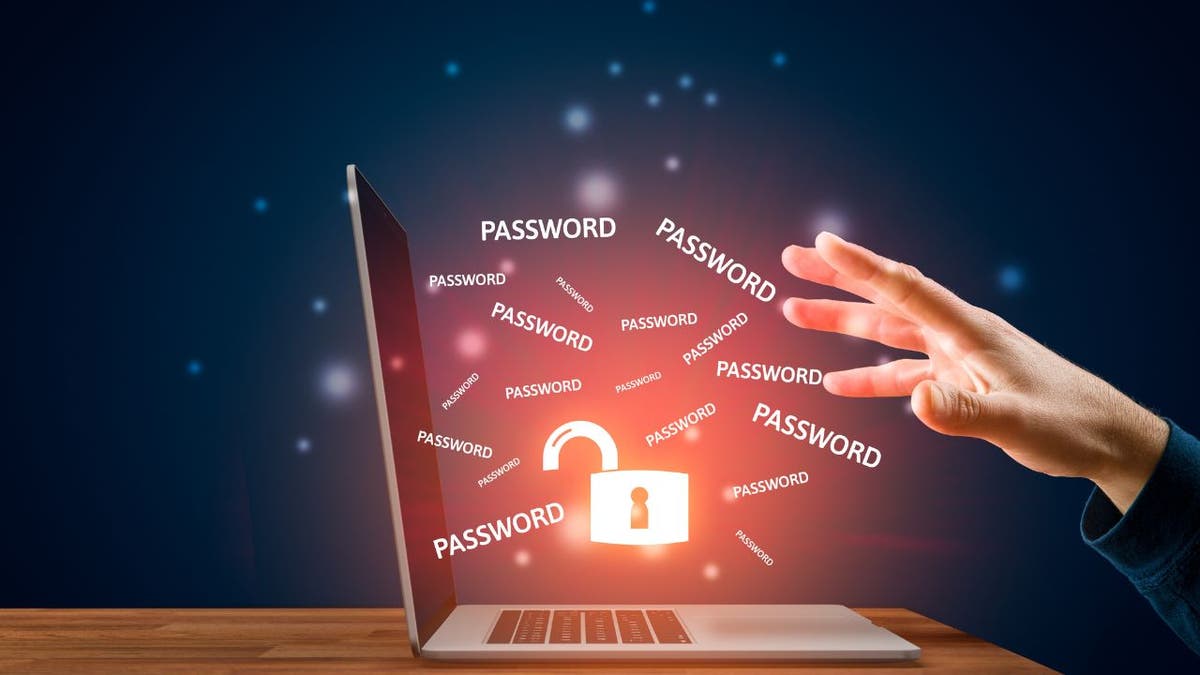 Laptop with an open lock with a red glow around it and the word "password" multiple times floating in the air with a hand reaching for the laptop