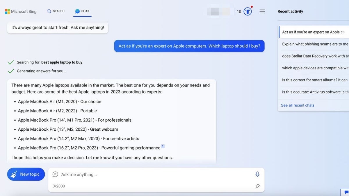 Screenshot of a BingChat conversation.