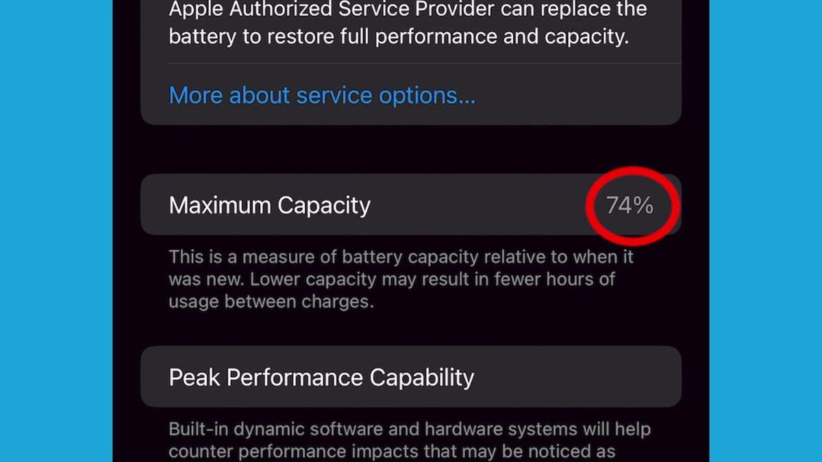 Screenshot of Maximum Capacity at 74% on an iPhone