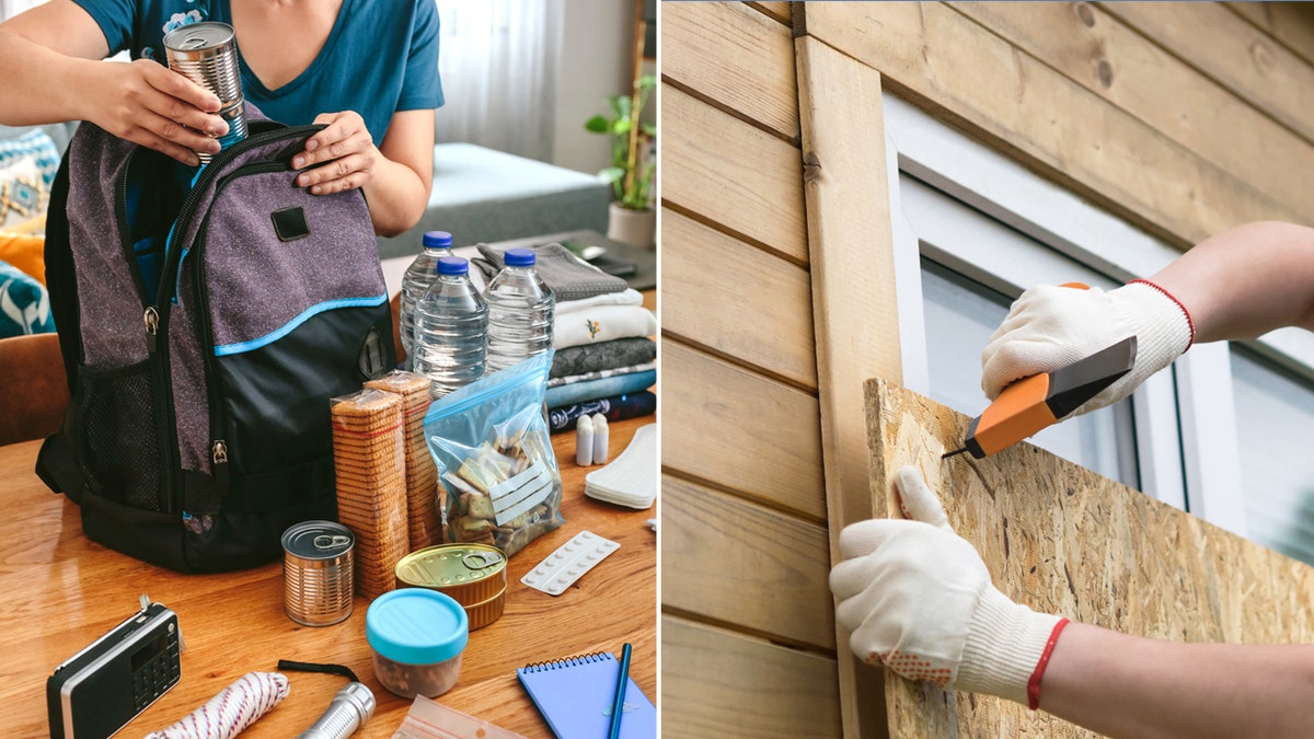 Left: Woman packs go bag. Right: Man boards windows.