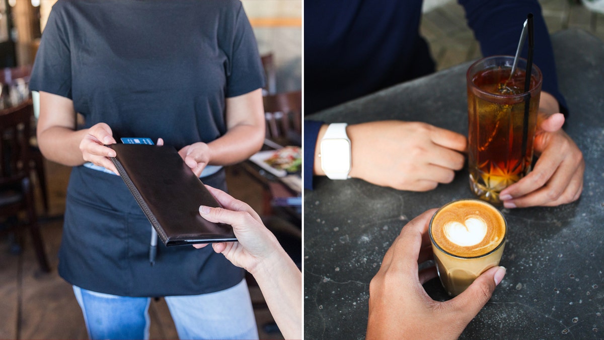 Left: Waitress hands check to person. Right: Man and woman have coffee.