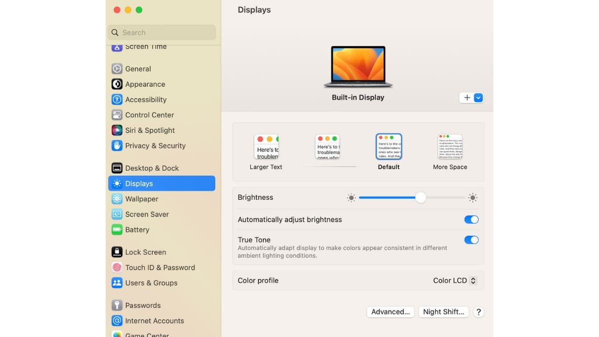 Screenshot of the settings app on a Mac computer.