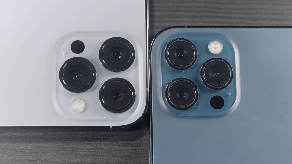 White iPhone cameras and blue iPhone cameras up close