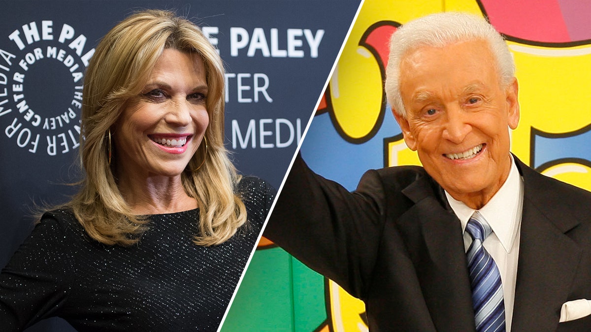 Vanna White smiles in a black dress on the carpet split Bob Barker raises his arm on the set of "The Price is Right"