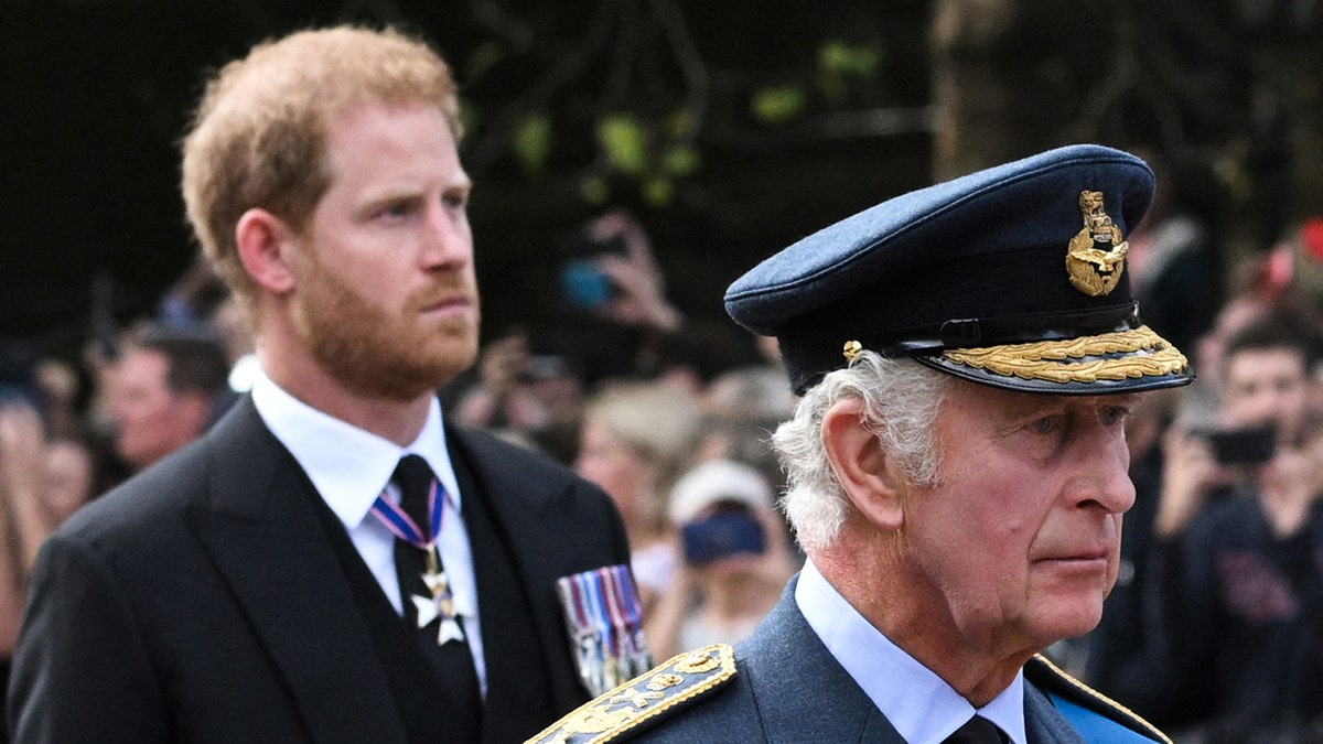 Prince Harry looking somber in a morning suit with medal as he walks behind King Charles in a military uniform