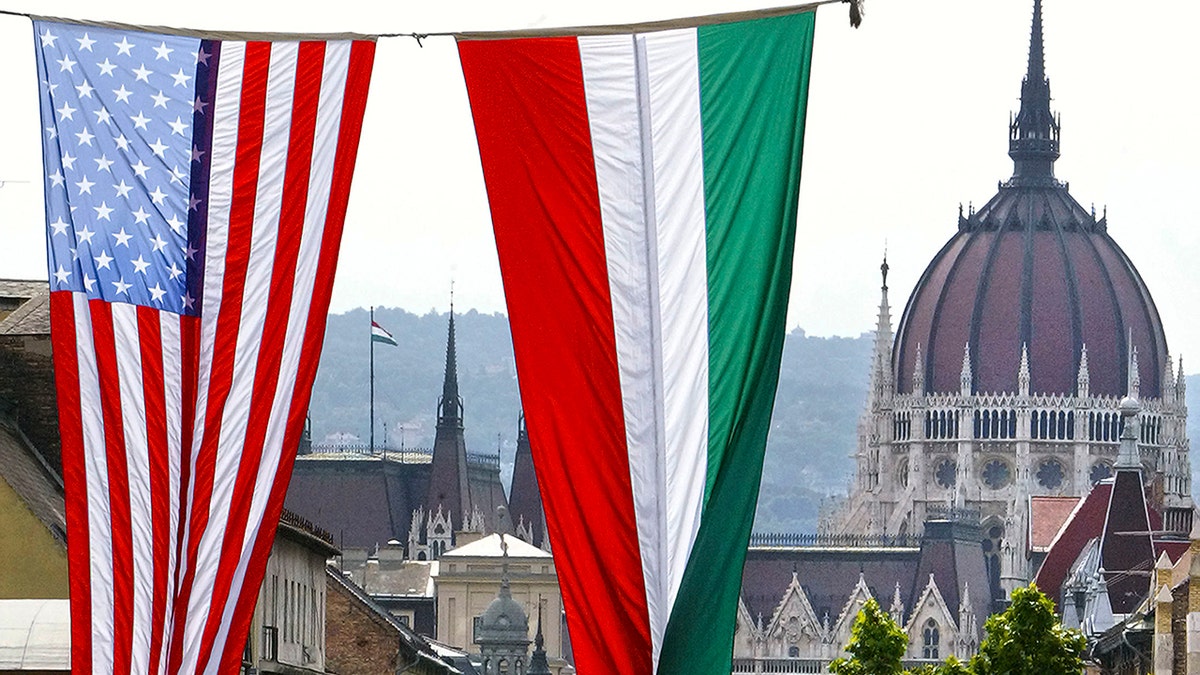 American and Hungarian national flags 