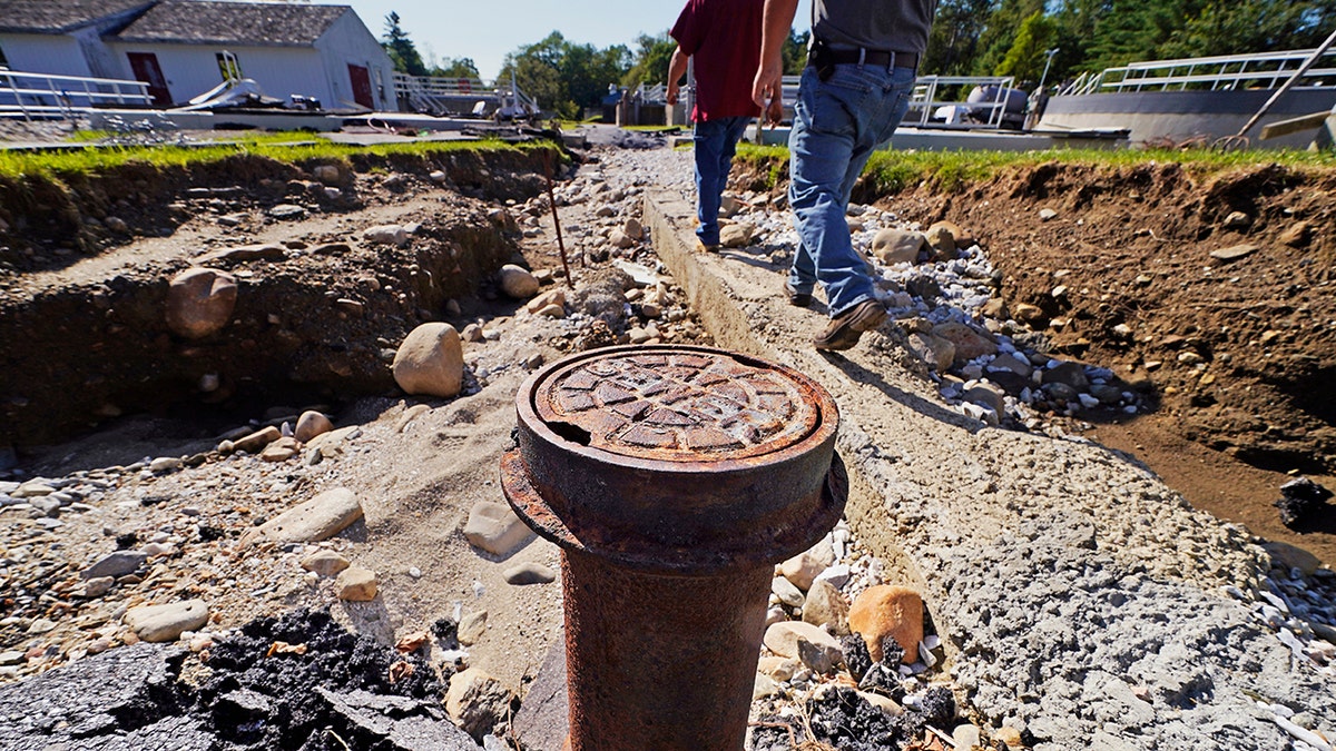 A sewer pipe is exposed