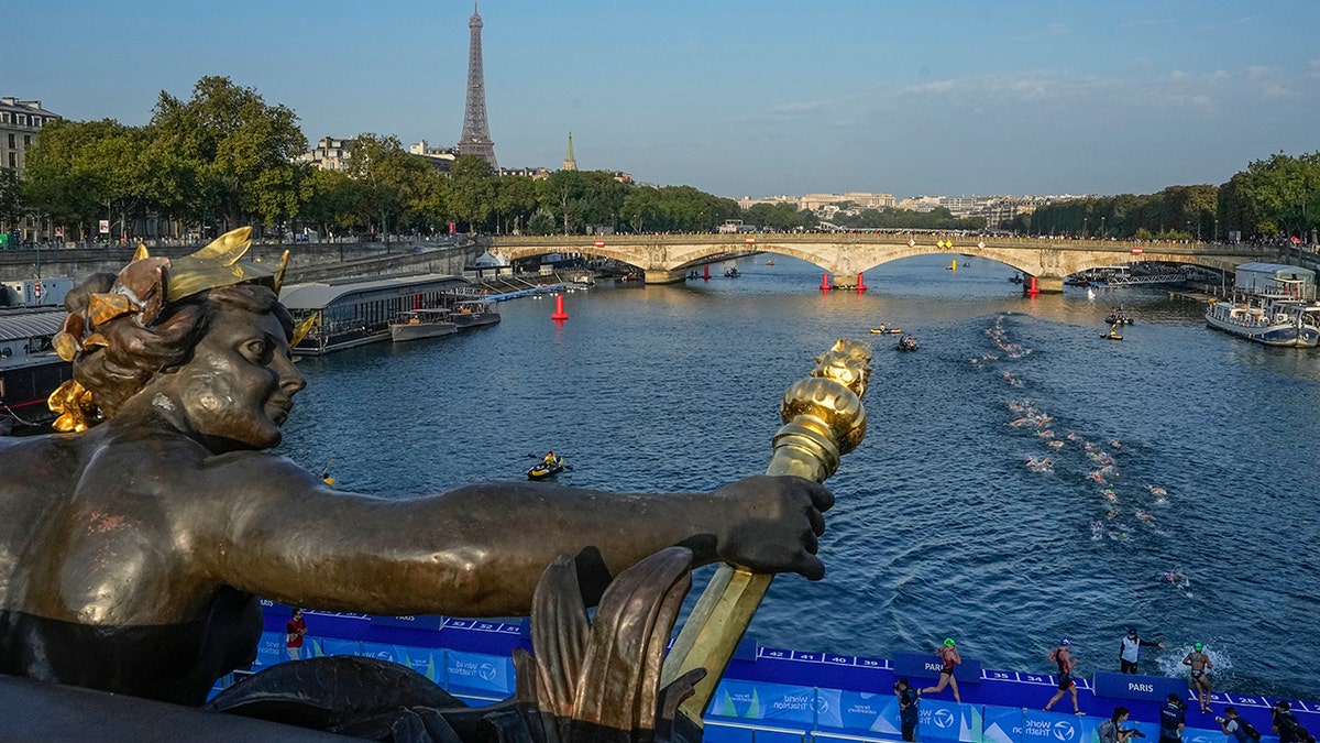Athletes dive and swim in the Seine river 