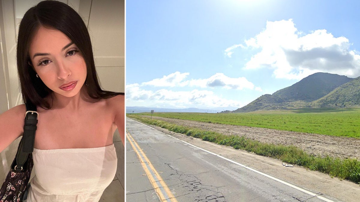 Brunette woman looks into camera next to a photo of a field and road in Moreno Valley.