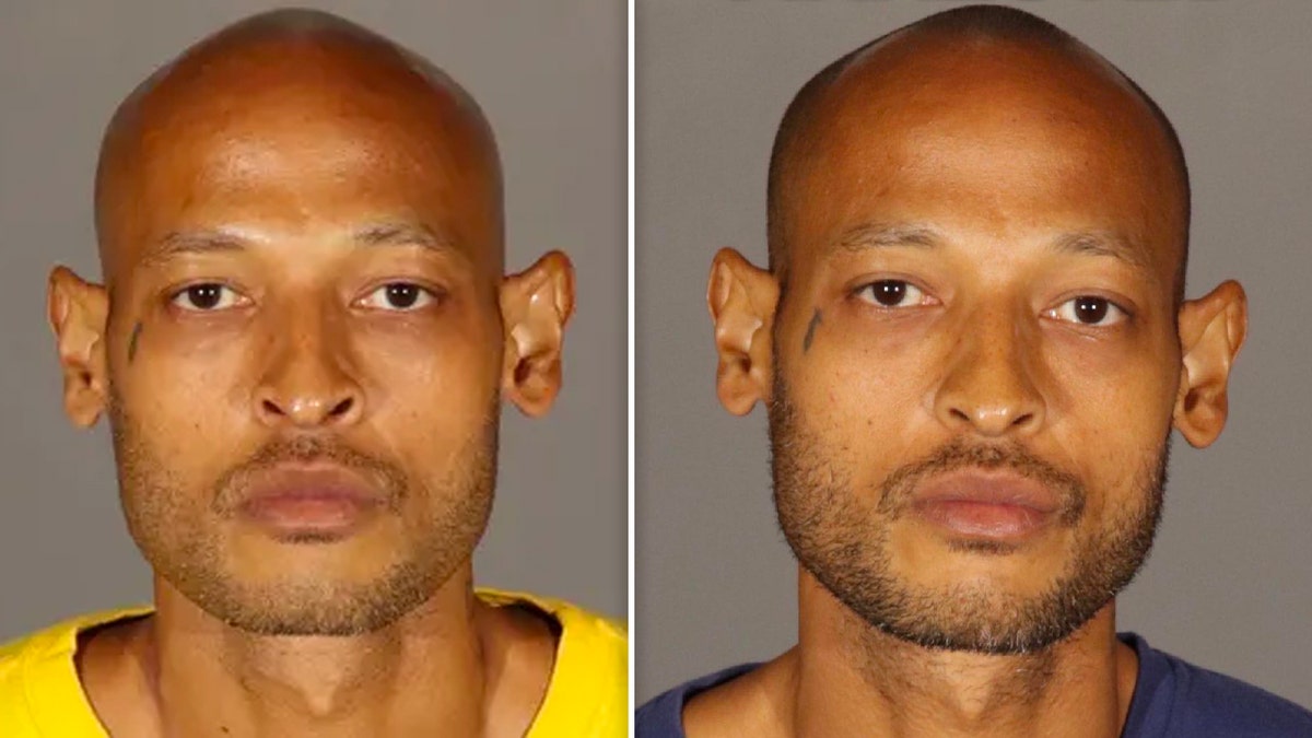 Calese Crowder mug shot split, wearing yellow shirt on left and dark blue on right