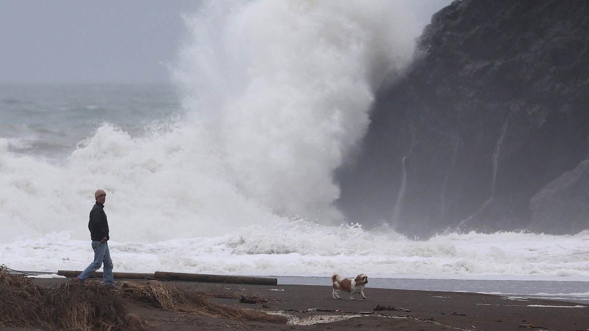 A man and his dog walk on Rodeo Beach as waves crash onto shore