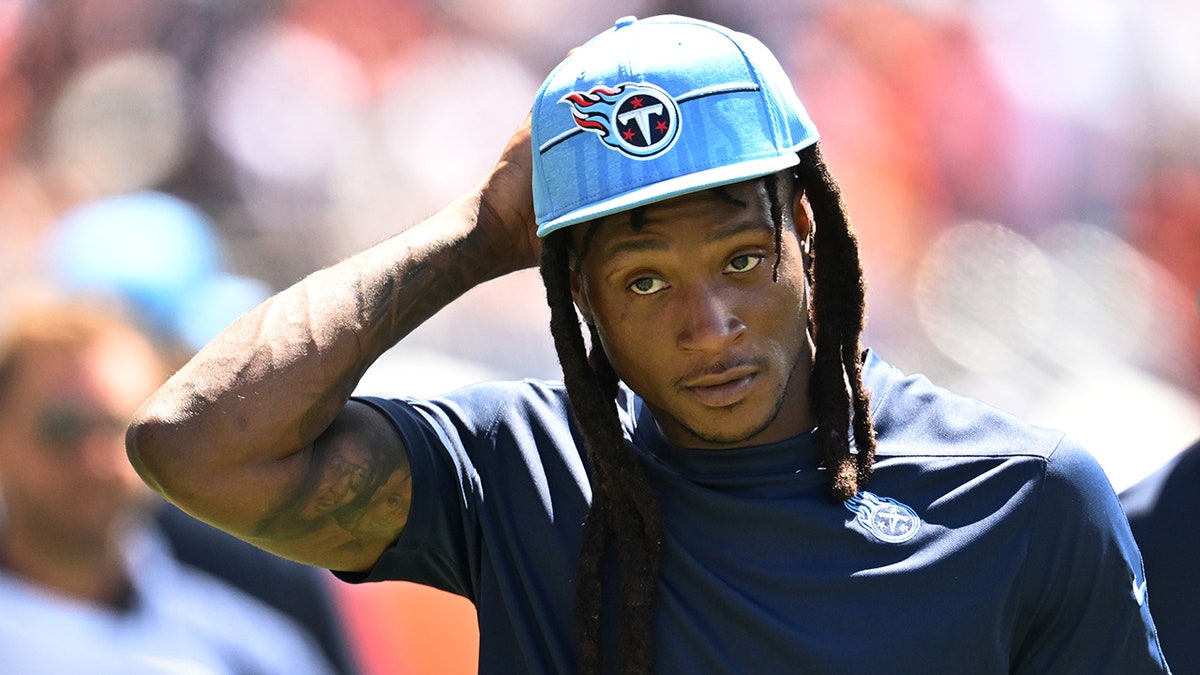 DeAndre Hopkins of the Tennessee Titans is shown in the second quarter against the Bears during a preseason game at Soldier Field on August 12, 2023, in Chicago.