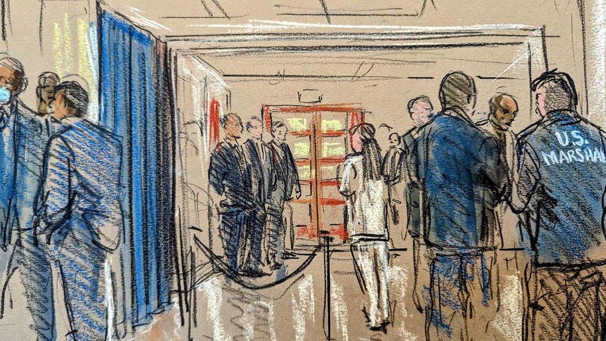 A courtroom sketch depicts the hallway outside of the courtroom