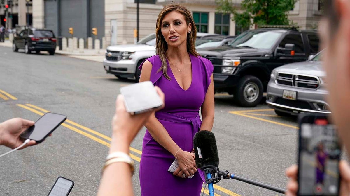 Alina Habba speaks after Trump arrived at the E. Barrett Prettyman U.S. Federal Courthouse