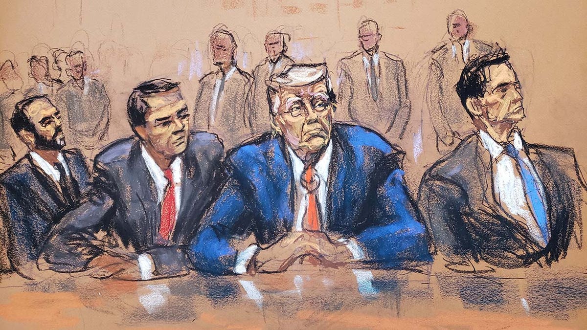 A court sketch of Donald Trump
