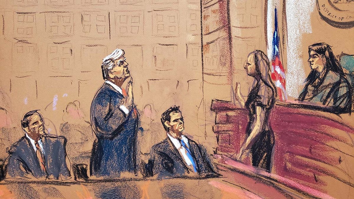 A court sketch of Donald Trump