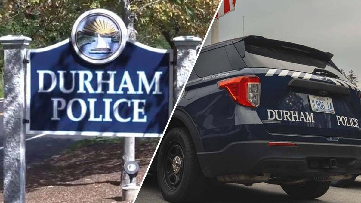 Durham police sign, left, police cruiser right