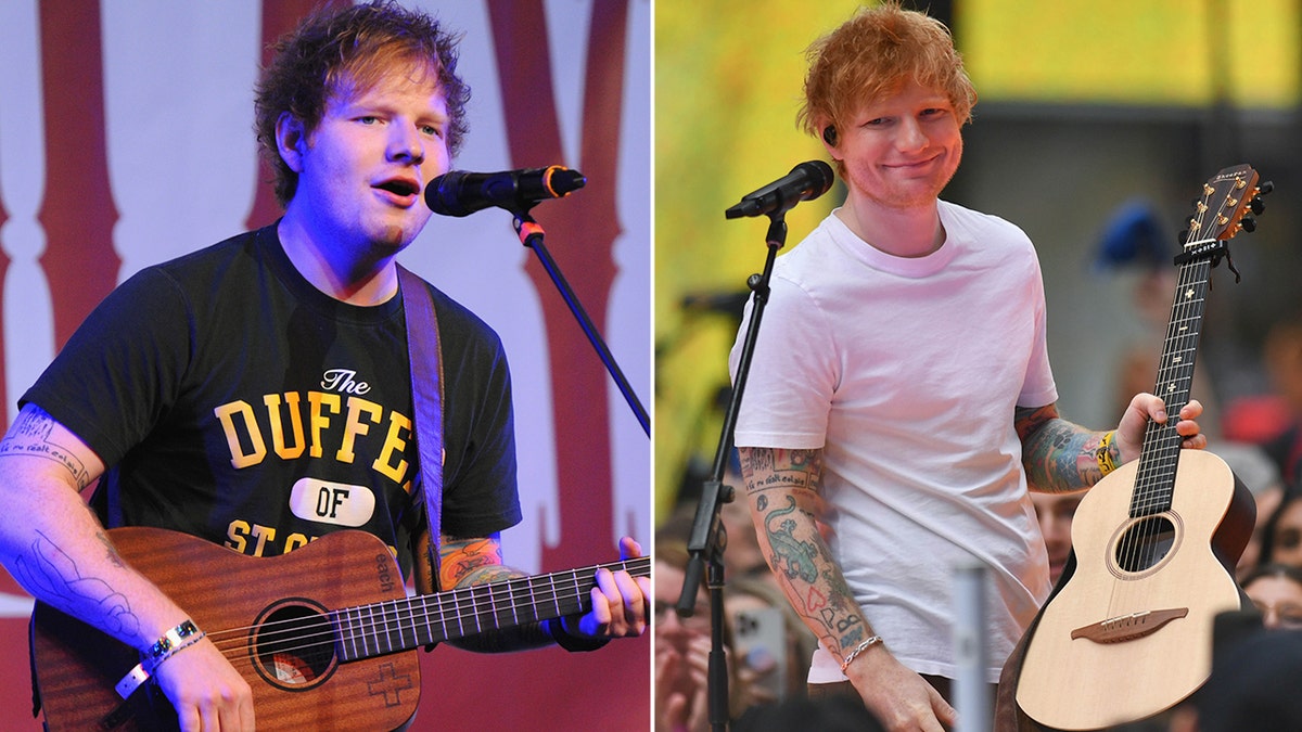 Split screen of Ed Sheeran before and after weight loss