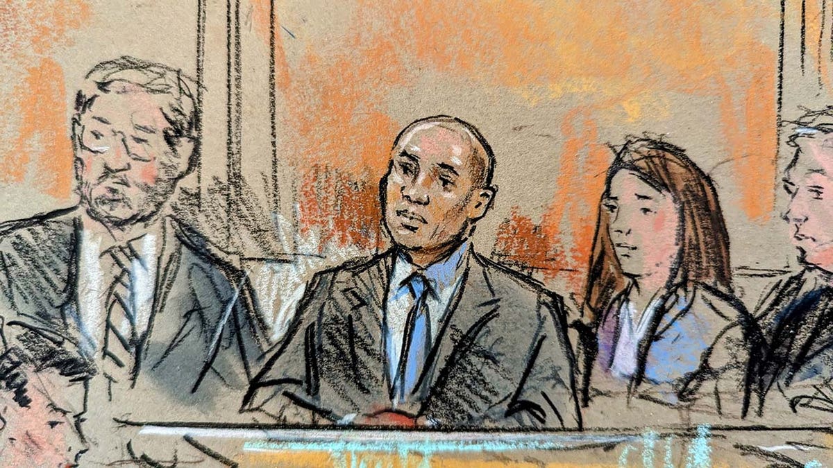 A court sketch depicts Walt Nauta, Carlos De Oliveira and former president Donald Trump’s attorney