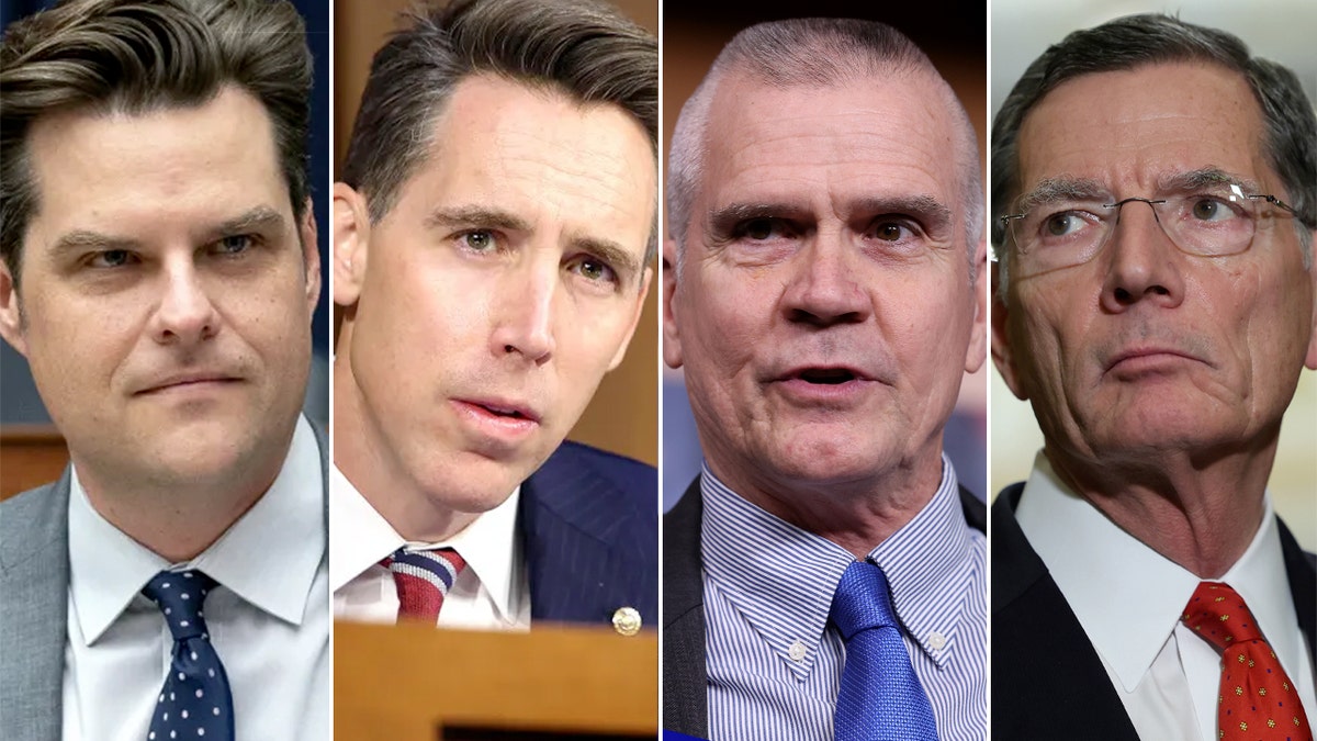 Rep. Matt Gaetz, Sen. Josh Hawley, Rep. Rosendale and Sen. John Barrasso serious facial expressions