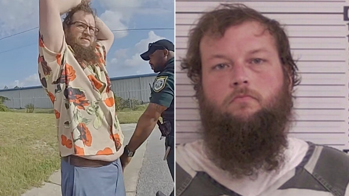 Side-by-side photo of a Georgia man being detained and his mugshot, respectively.
