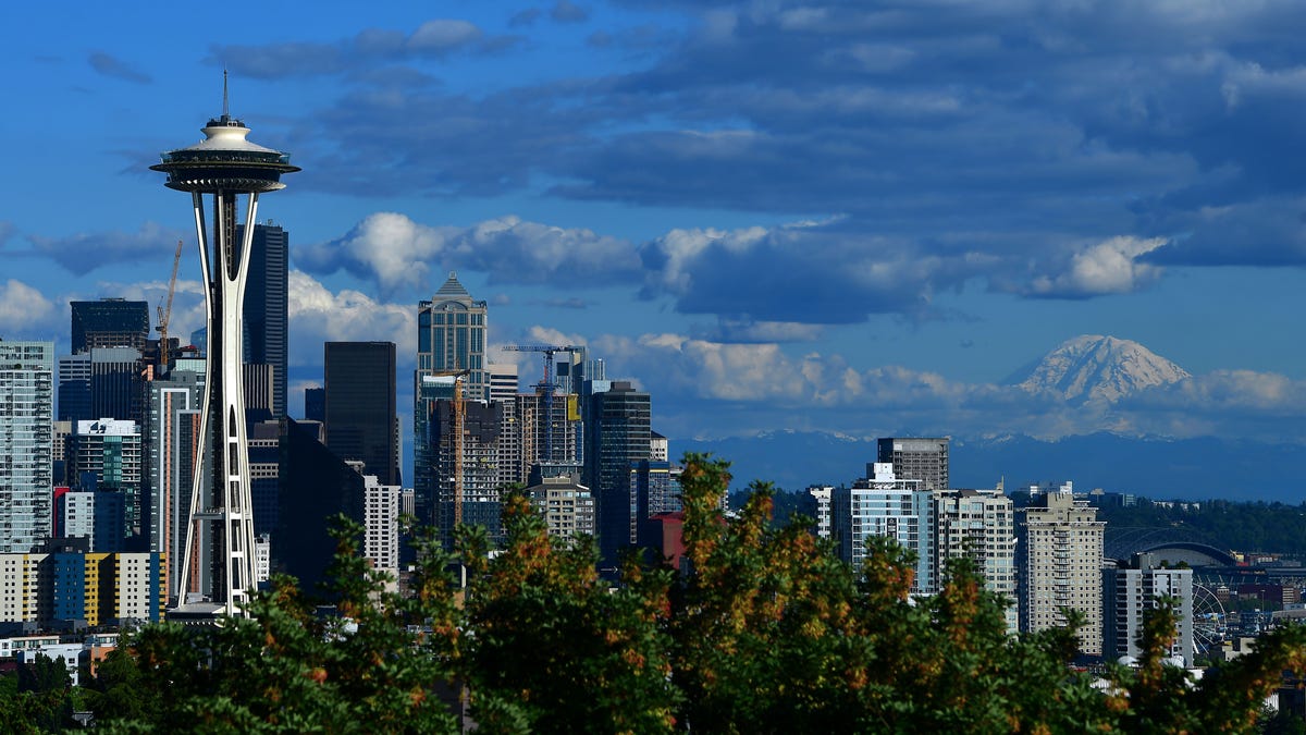 Seattle skyline on partly cloudy day