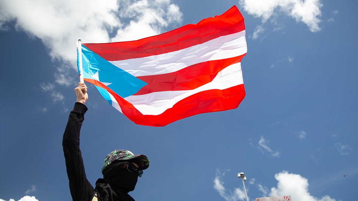 Puerto Rico flag waved by protester