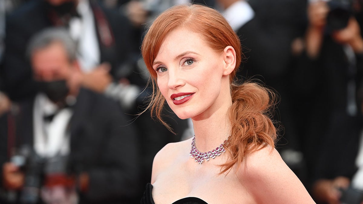 Jessica Chastain with her hair pulled back