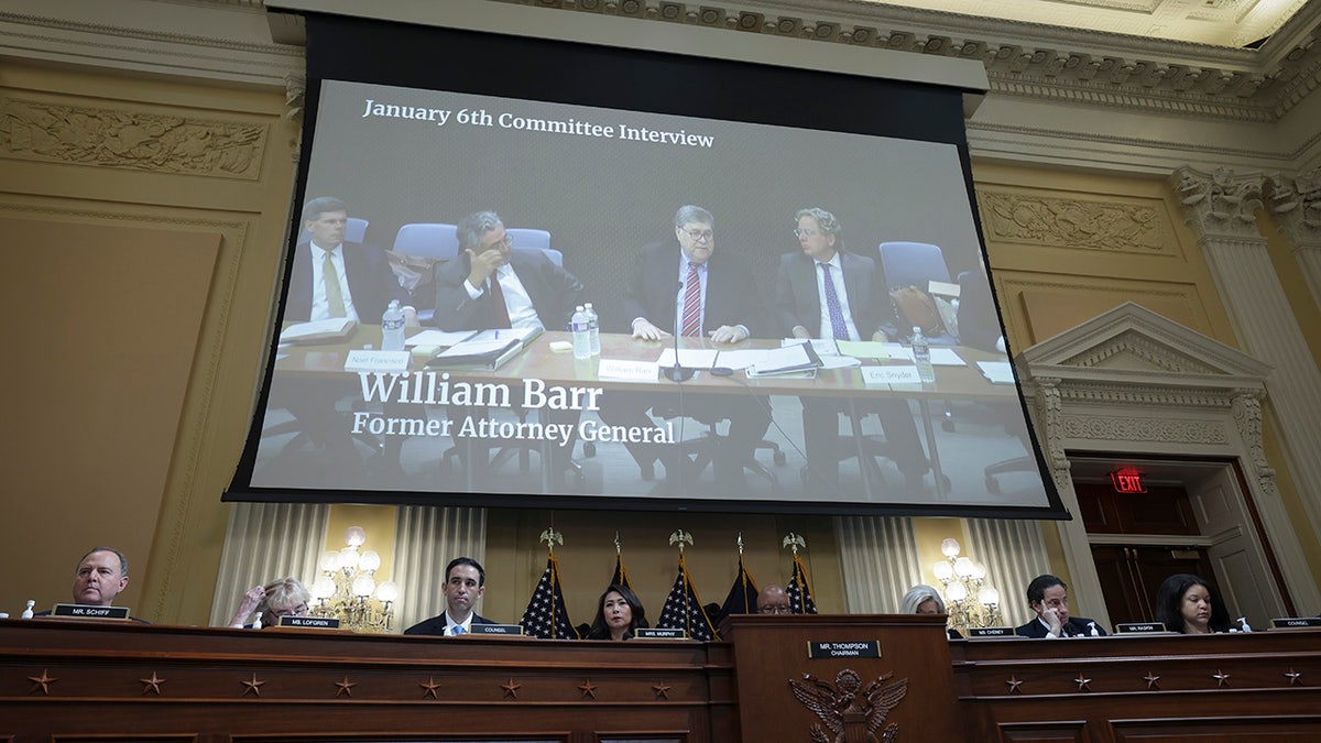 Bill Barr on screen during a Jan. 6 House committee hearing