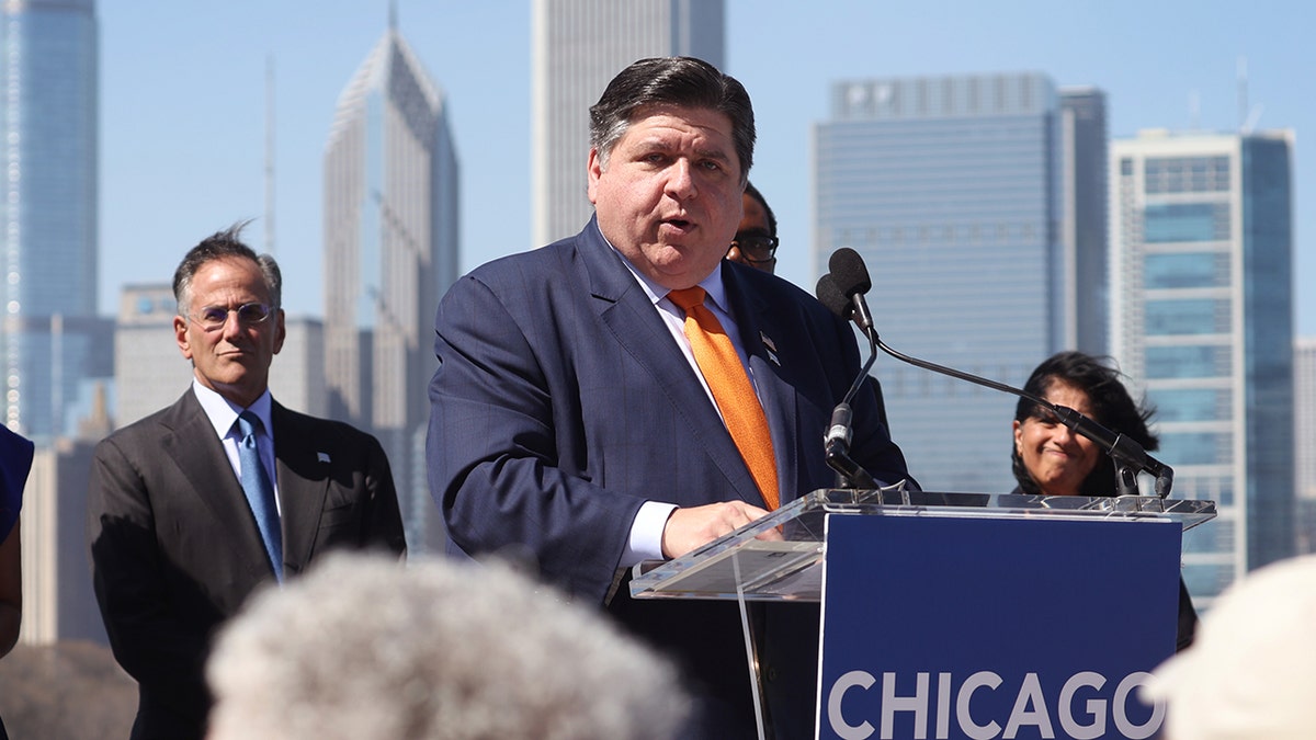 Illinois Governor J.B. Pritzker, D-Ill., signed into law a new bill protecting child social media influencers from being exploited by their parents or guardians in online content last week. He can be seen here speaking to business and political leaders  on April 12, 2023.   (Photo by Scott Olson/Getty Images)
