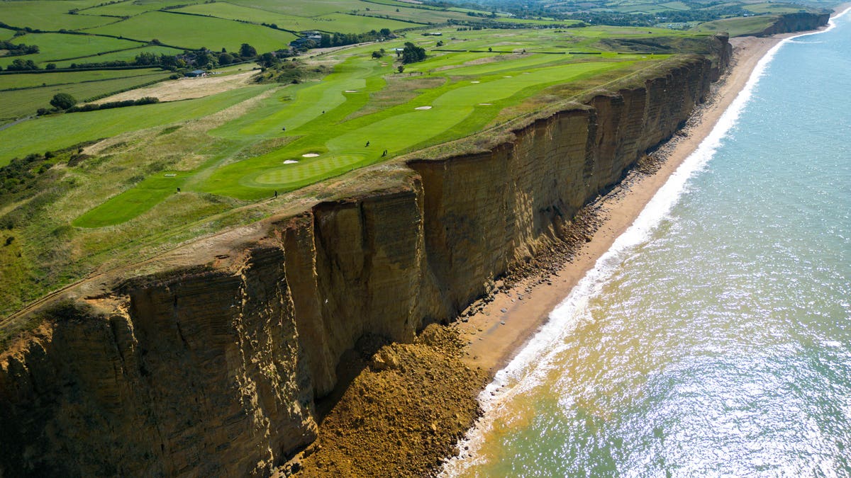 An aerial view of a large cliff fall at East Cliff, on August 9, 2023 in West Bay, England. 