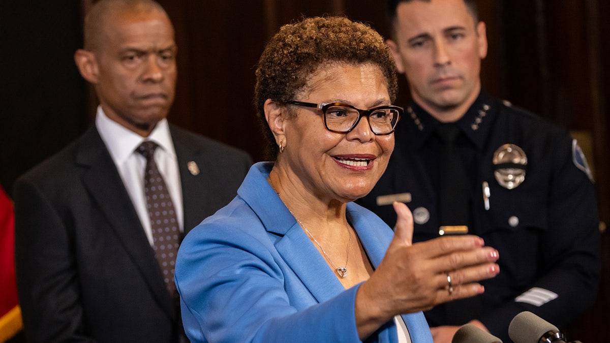 LA Mayor Karen Bass at press conference ence