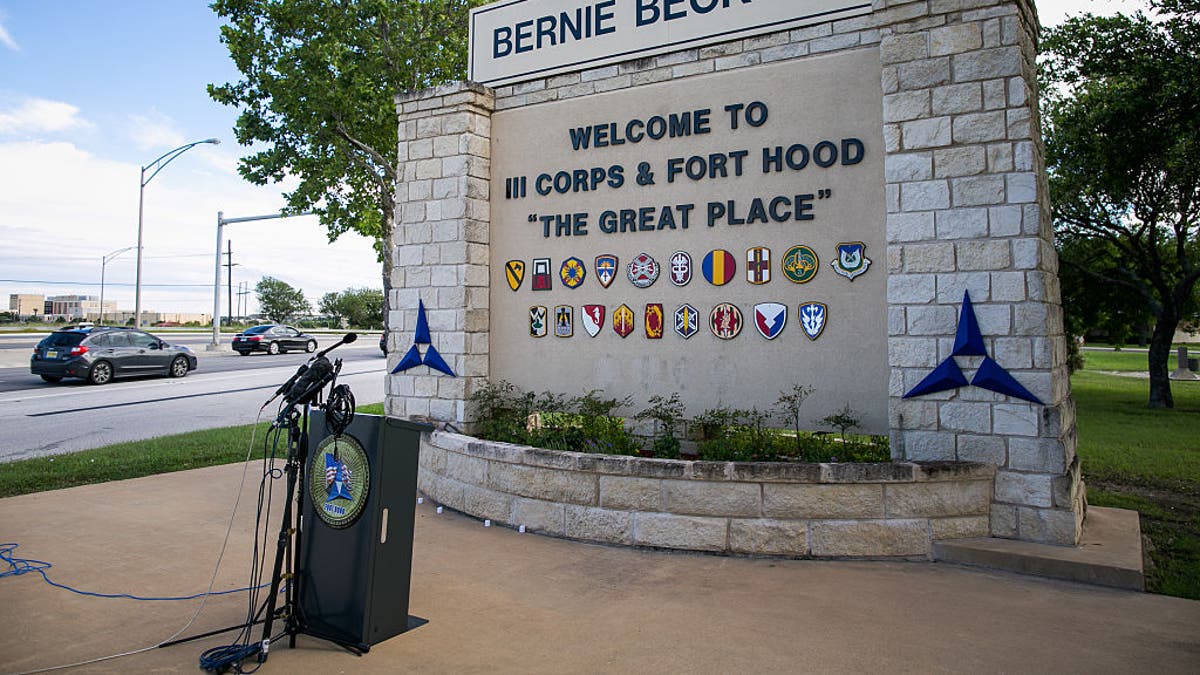 Fort Cavazos main gate with old Fort Hood signage
