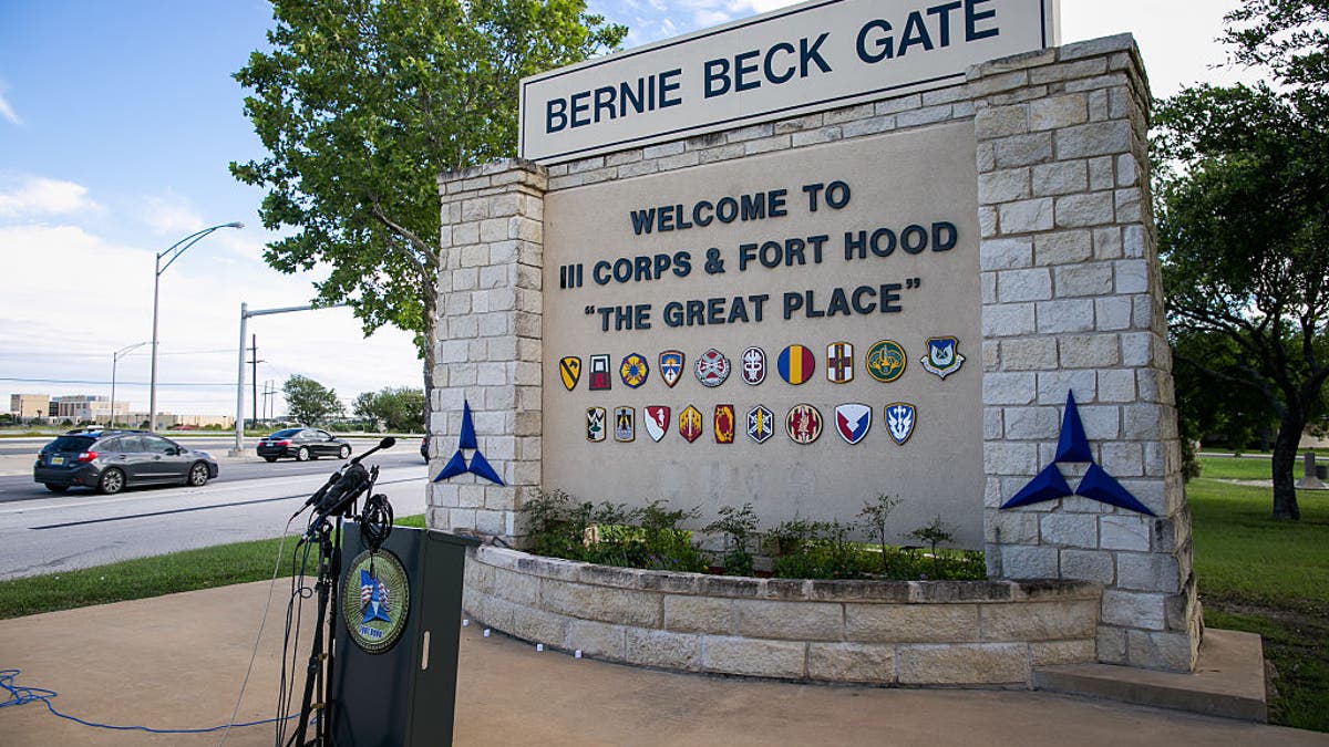Fort Cavazos main gate with old Fort Hood signage
