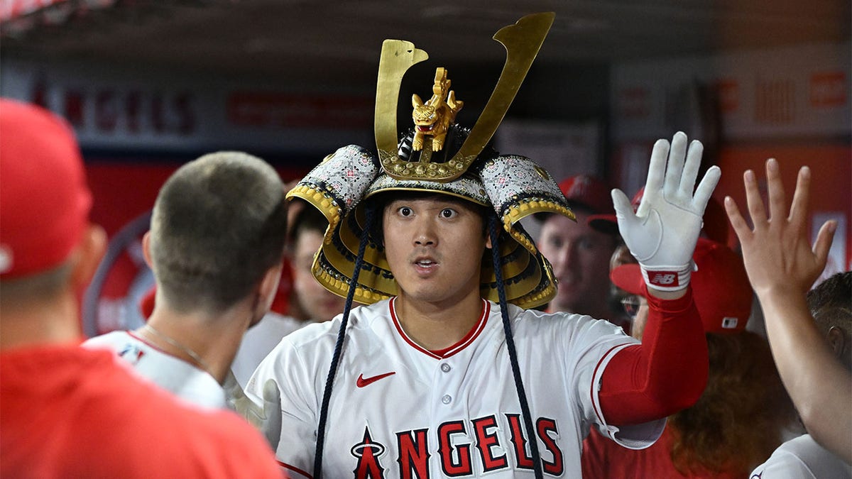 Shohei Ohtani celebrates a home run