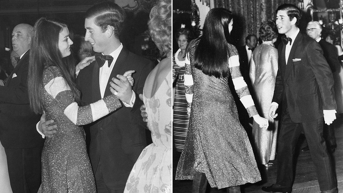 A side-by-side photo of Prince Charles as a young man dancing at Belvoir Castle