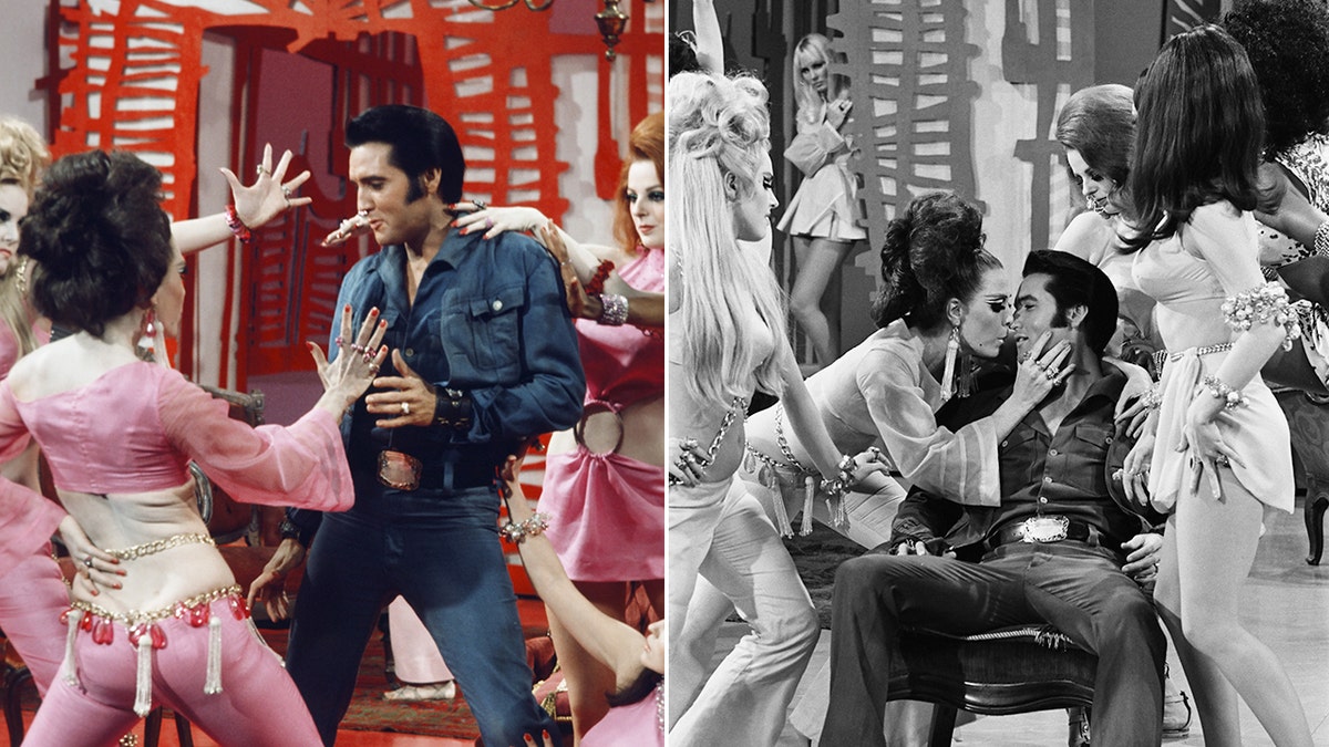 A side-by-side photo of Elvis Presley in a denim suit dancing with women in pink costumes